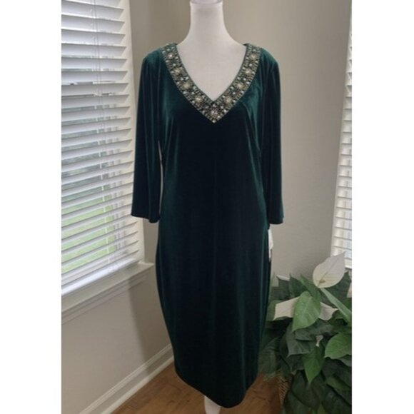 SLNY Velvet Gold Beaded Rhinestone Dress Size 10 Hunter Green Holiday Christmas - Picture 1 of 14
